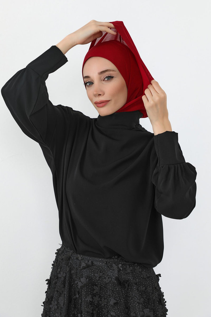 Neck-Covering Jersey Bonnet with Chiffon Hood, Full-Coverage Bonnet with Lightweight Chiffon Hood,B-95