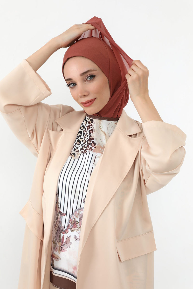 Neck-Covering Jersey Bonnet with Chiffon Hood, Full-Coverage Bonnet with Lightweight Chiffon Hood,B-95