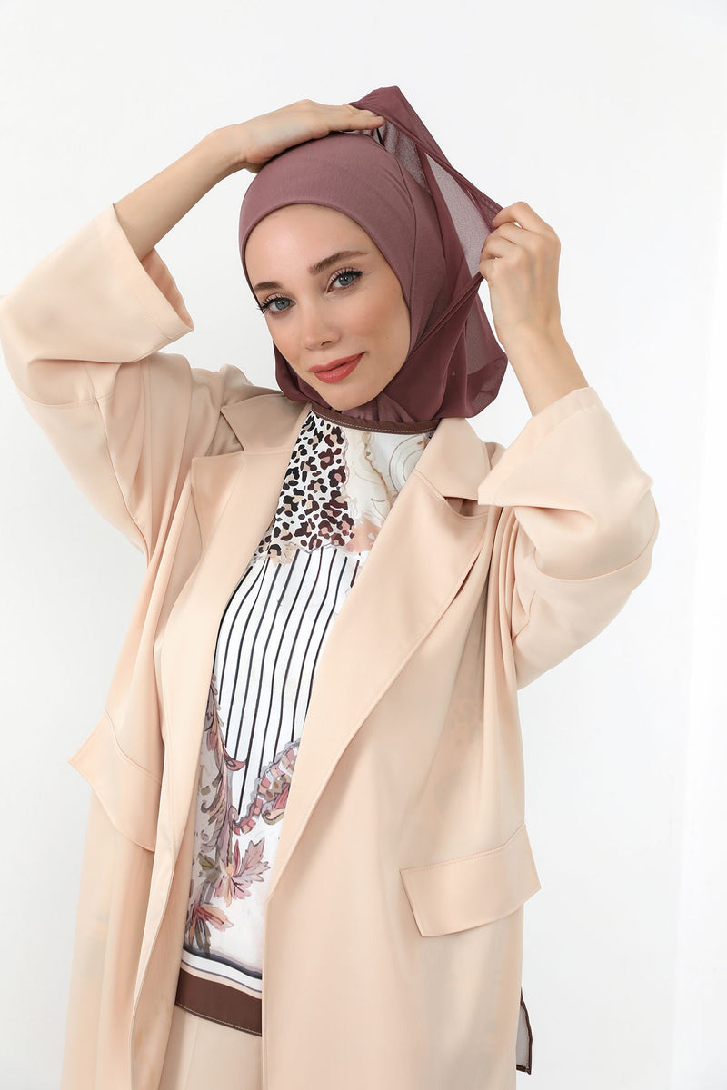 Neck-Covering Jersey Bonnet with Chiffon Hood, Full-Coverage Bonnet with Lightweight Chiffon Hood,B-95