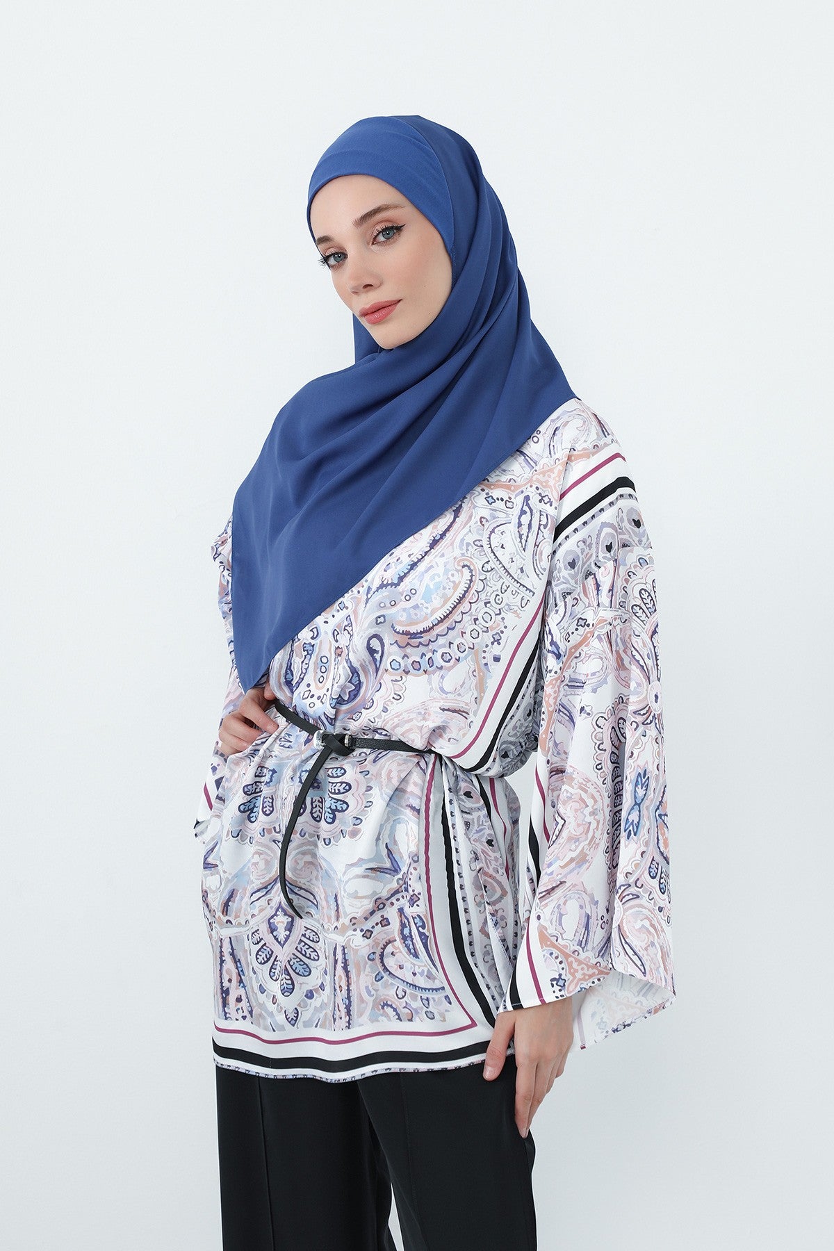 Crepe Practical Shawl with Built-In Cotton Bonnet and Neck Coverage, Practical Crepe Scarf with Integrated Cotton Undercap,PS-55 İndigo