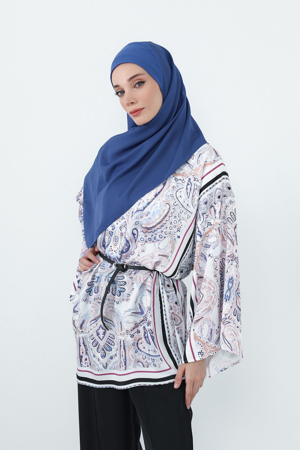Crepe Practical Shawl with Built-In Cotton Bonnet and Neck Coverage, Practical Crepe Scarf with Integrated Cotton Undercap,PS-55 İndigo