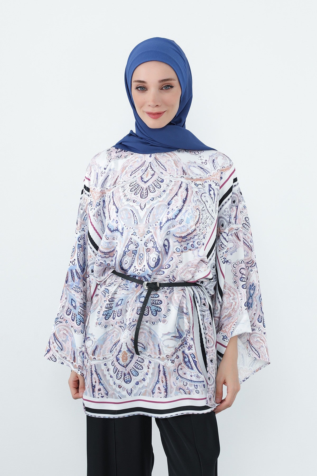 Crepe Practical Shawl with Built-In Cotton Bonnet and Neck Coverage, Practical Crepe Scarf with Integrated Cotton Undercap,PS-55 İndigo