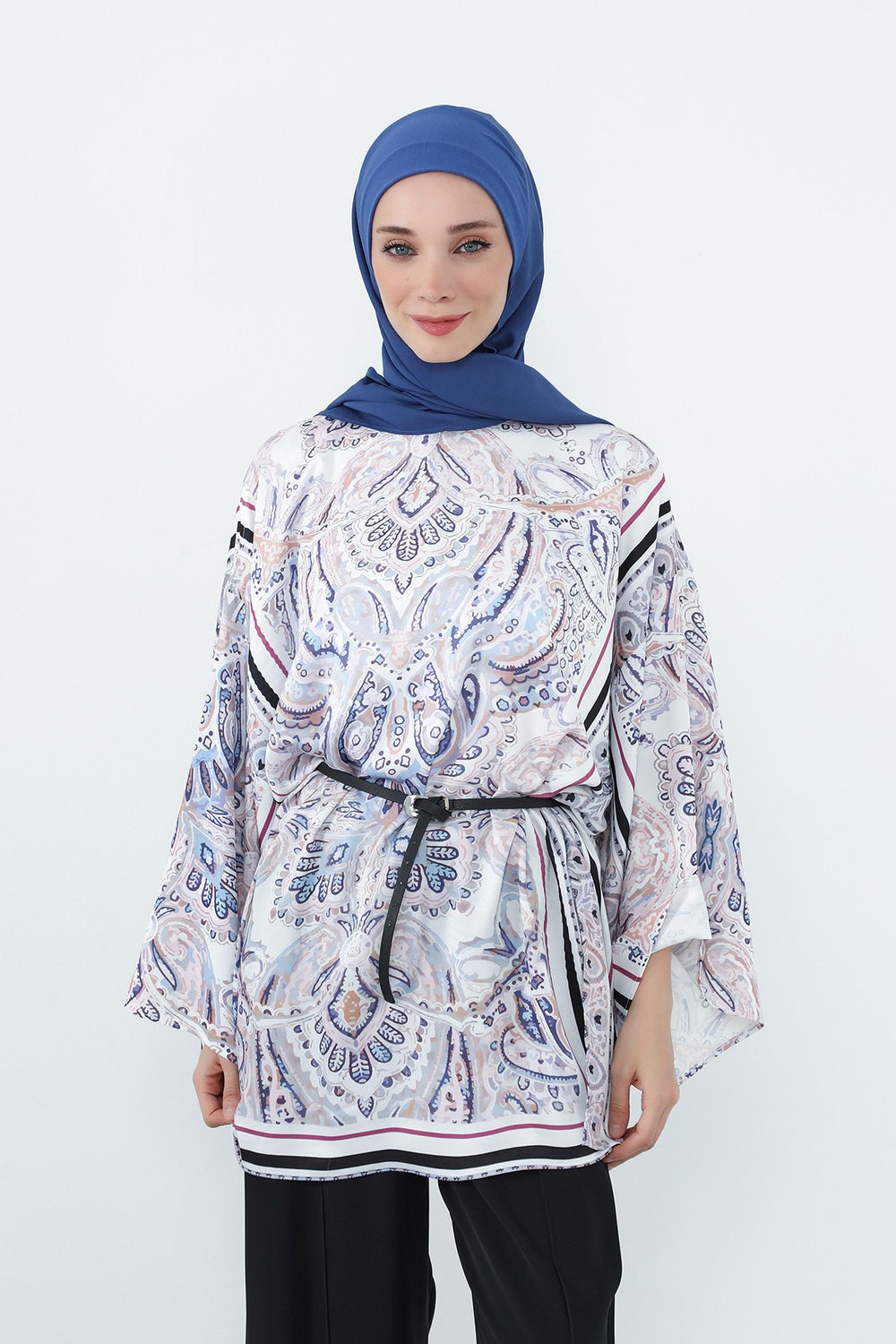 Crepe Practical Shawl with Built-In Cotton Bonnet and Neck Coverage, Practical Crepe Scarf with Integrated Cotton Undercap,PS-55 İndigo