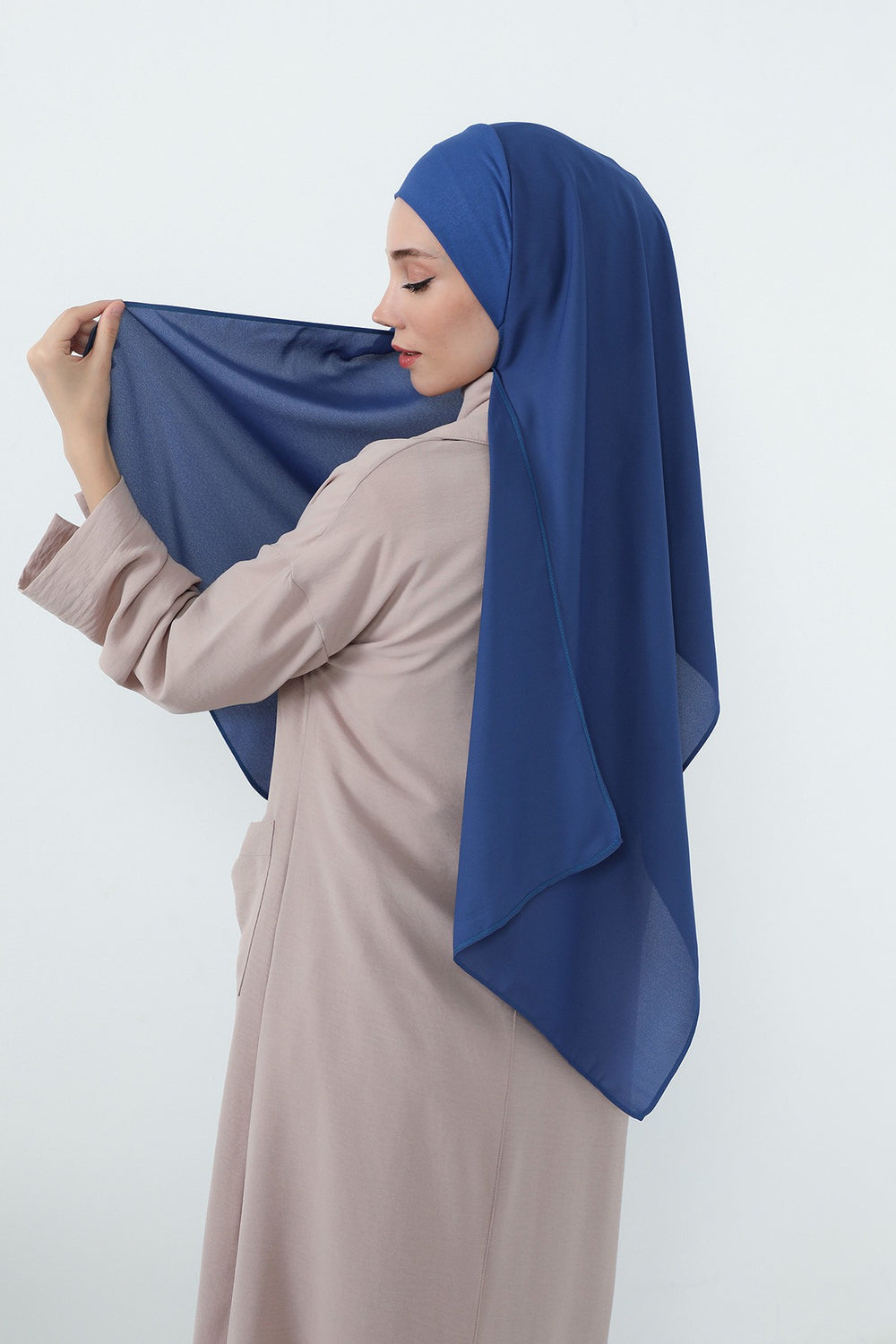 Crepe Practical Shawl with Built-In Cotton Bonnet and Neck Coverage, Practical Crepe Scarf with Integrated Cotton Undercap,PS-55 İndigo