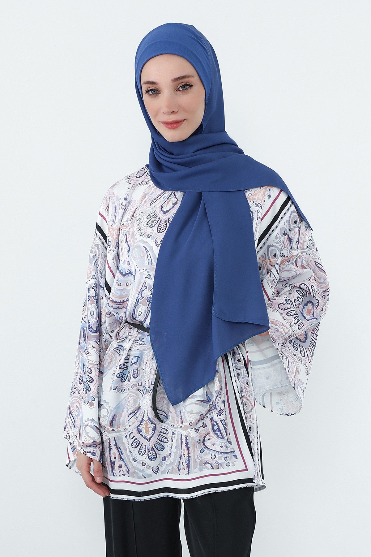 Crepe Practical Shawl with Built-In Cotton Bonnet and Neck Coverage, Practical Crepe Scarf with Integrated Cotton Undercap,PS-55 İndigo