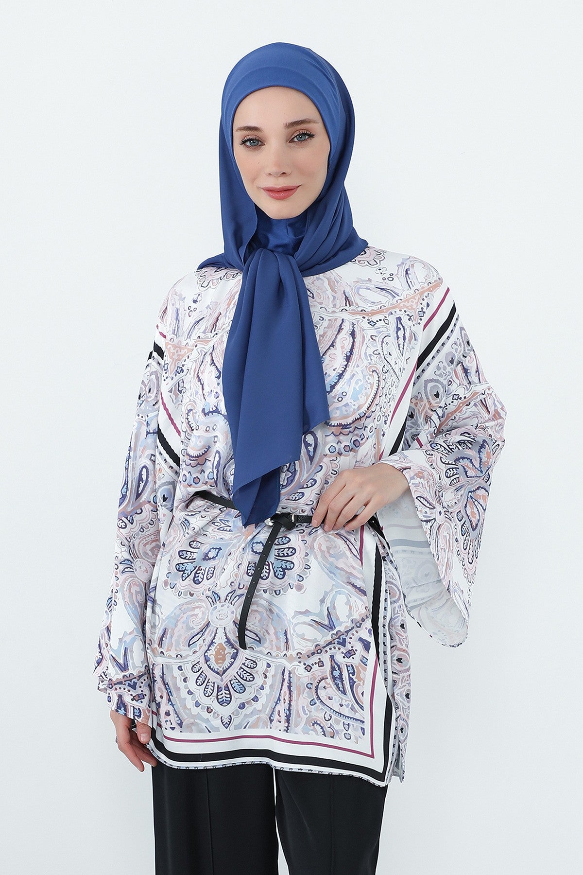 Crepe Practical Shawl with Built-In Cotton Bonnet and Neck Coverage, Practical Crepe Scarf with Integrated Cotton Undercap,PS-55 İndigo