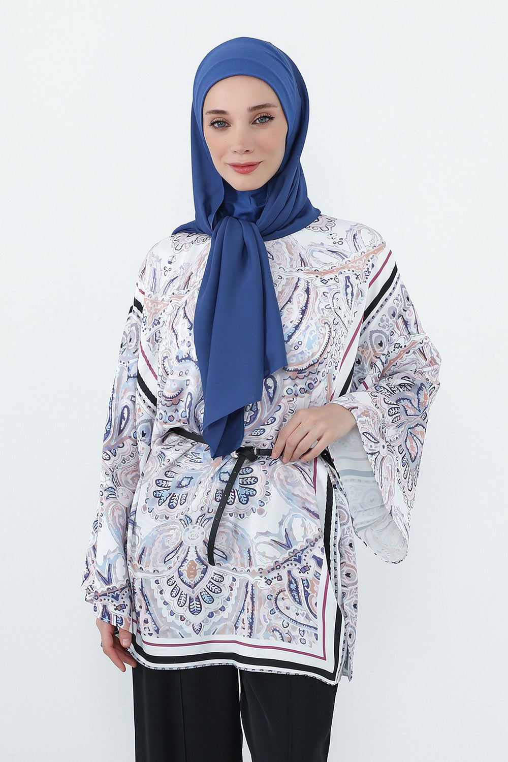 Crepe Practical Shawl with Built-In Cotton Bonnet and Neck Coverage, Practical Crepe Scarf with Integrated Cotton Undercap,PS-55 İndigo