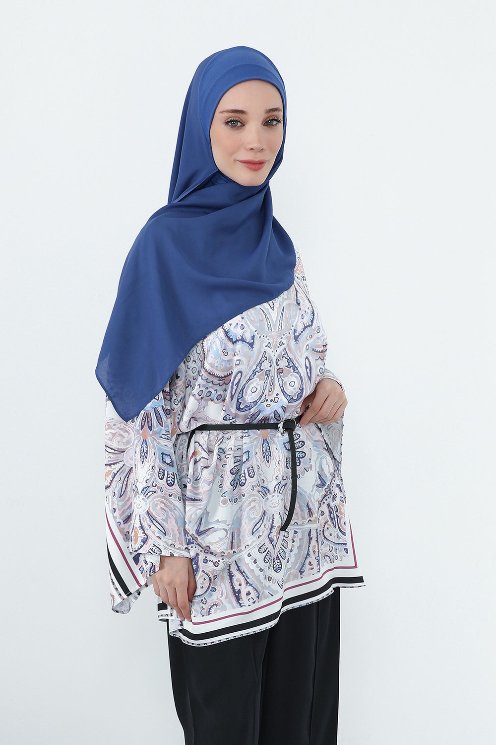 Crepe Practical Shawl with Built-In Cotton Bonnet and Neck Coverage, Practical Crepe Scarf with Integrated Cotton Undercap,PS-55 İndigo