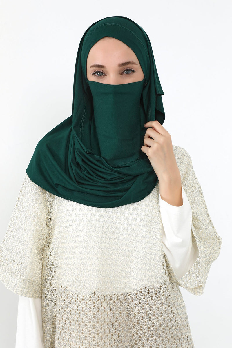 Neck-Covering Jersey Hijab with Built-In Niqab and Undercap, Premium Jersey Hijab with Integrated Bonnet and Face Veil,PS-58