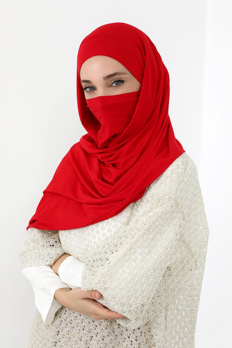 Neck-Covering Jersey Hijab with Built-In Niqab and Undercap, Premium Jersey Hijab with Integrated Bonnet and Face Veil,PS-58