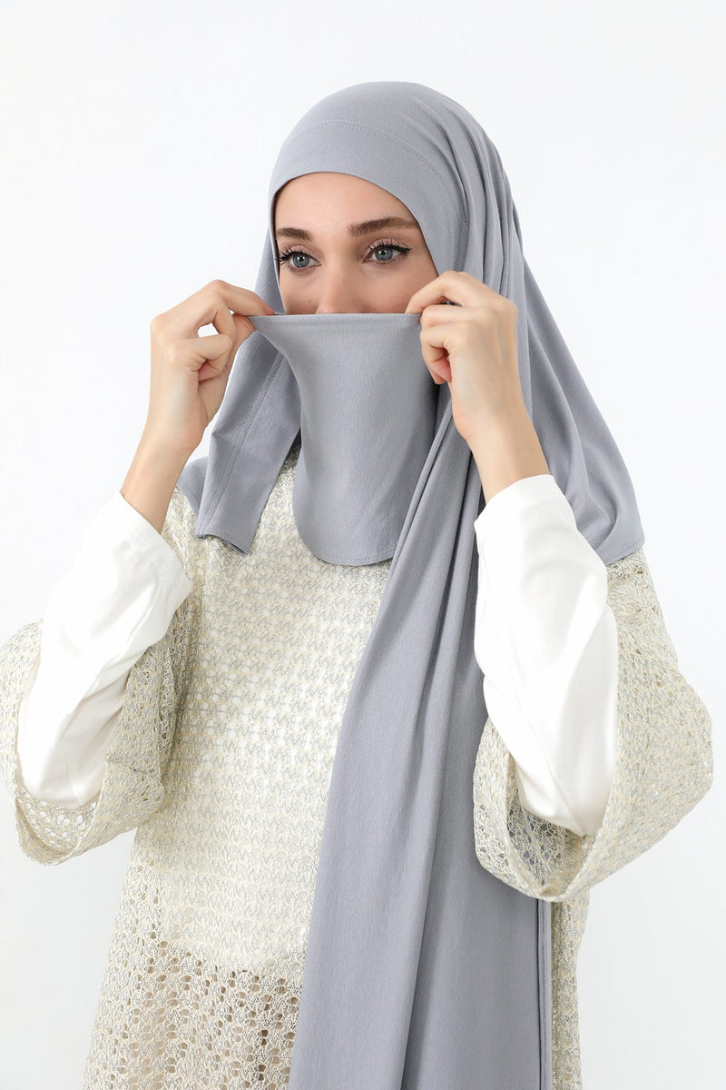 Neck-Covering Jersey Hijab with Built-In Niqab and Undercap, Premium Jersey Hijab with Integrated Bonnet and Face Veil,PS-58