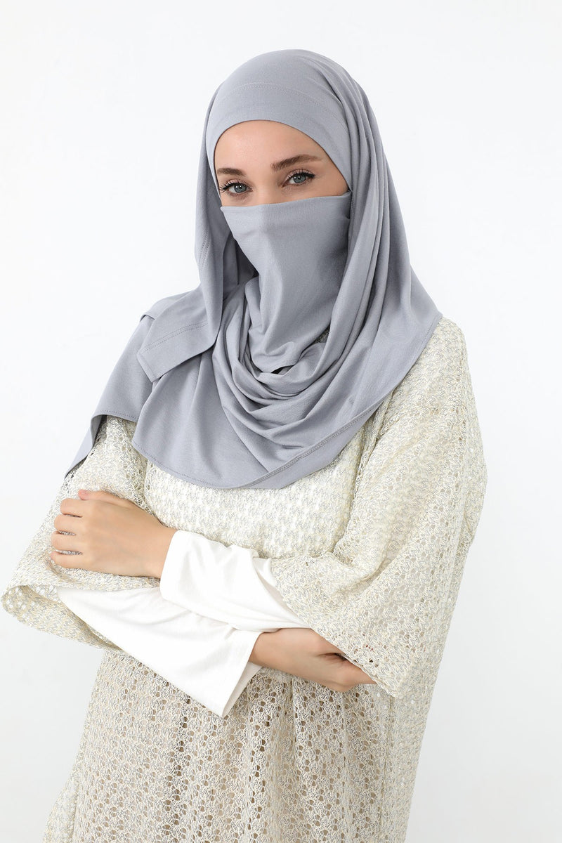 Neck-Covering Jersey Hijab with Built-In Niqab and Undercap, Premium Jersey Hijab with Integrated Bonnet and Face Veil,PS-58