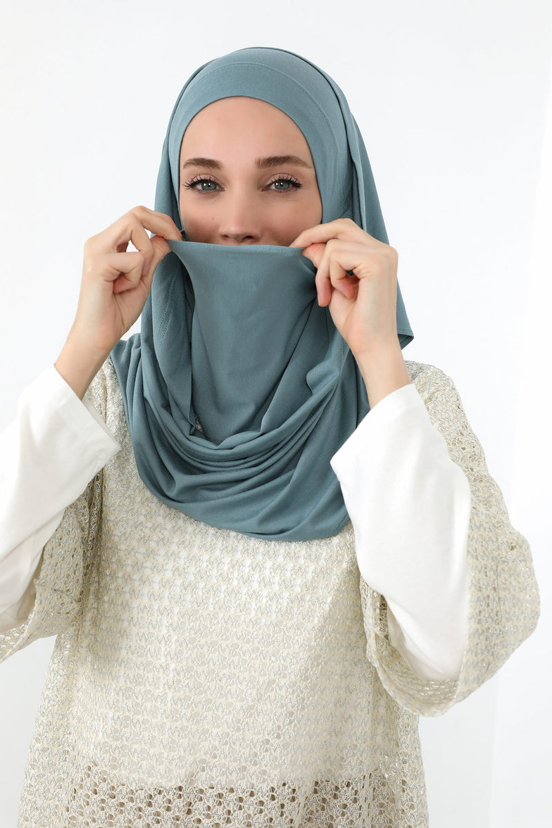 Neck-Covering Jersey Hijab with Built-In Niqab and Undercap, Premium Jersey Hijab with Integrated Bonnet and Face Veil,PS-58