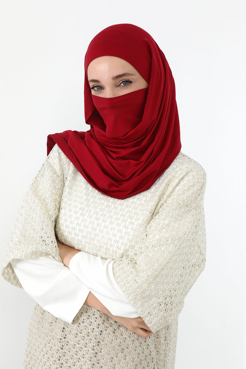 Neck-Covering Jersey Hijab with Built-In Niqab and Undercap, Premium Jersey Hijab with Integrated Bonnet and Face Veil,PS-58
