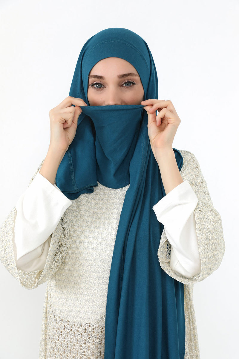 Neck-Covering Jersey Hijab with Built-In Niqab and Undercap, Premium Jersey Hijab with Integrated Bonnet and Face Veil,PS-58