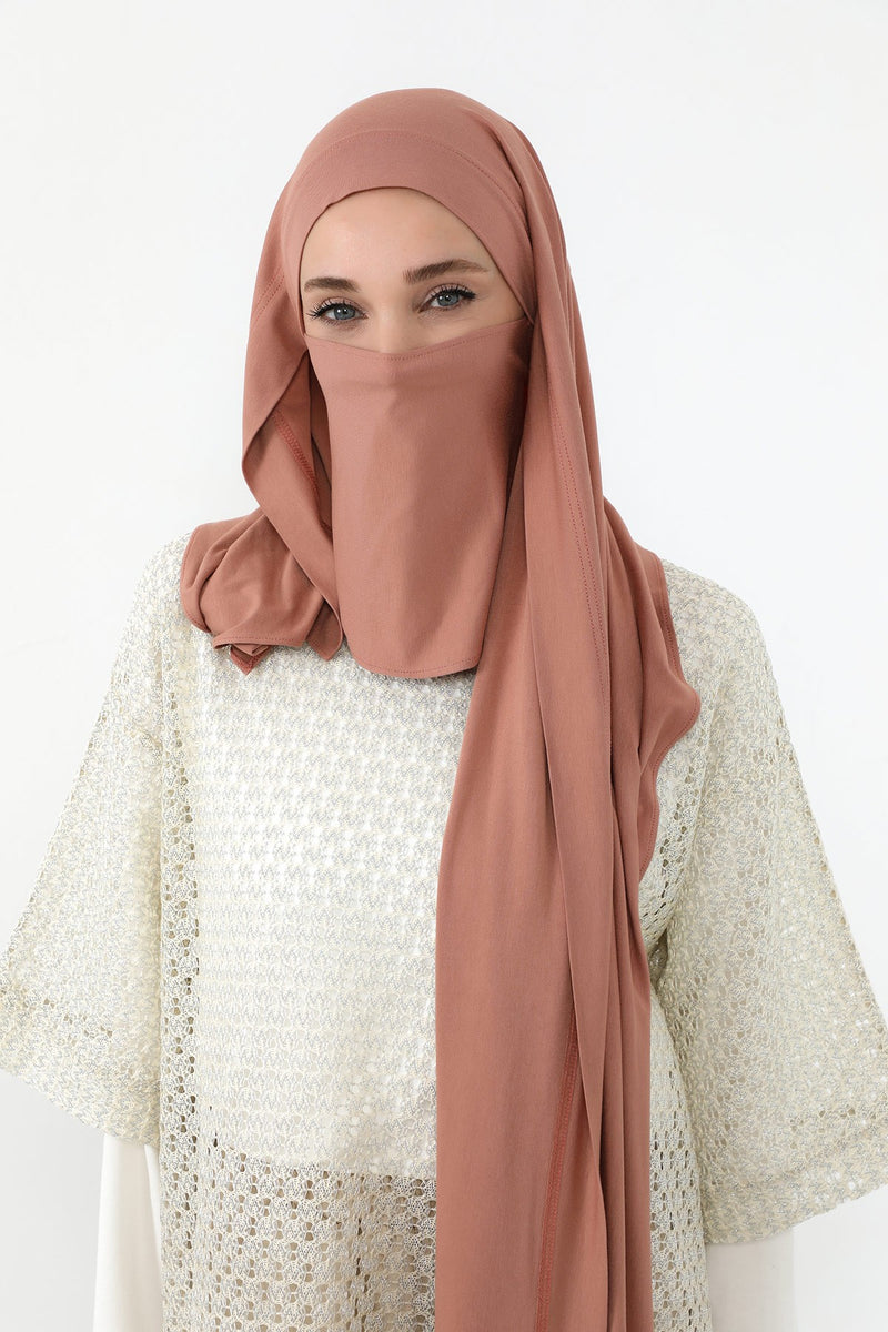 Neck-Covering Jersey Hijab with Built-In Niqab and Undercap, Premium Jersey Hijab with Integrated Bonnet and Face Veil,PS-58