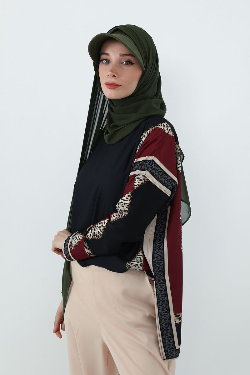 Practical Chiffon Hijab with Built-In Bonnet and Visor, Chiffon Scarf with Built-In Bonnet and Cap,SS-3