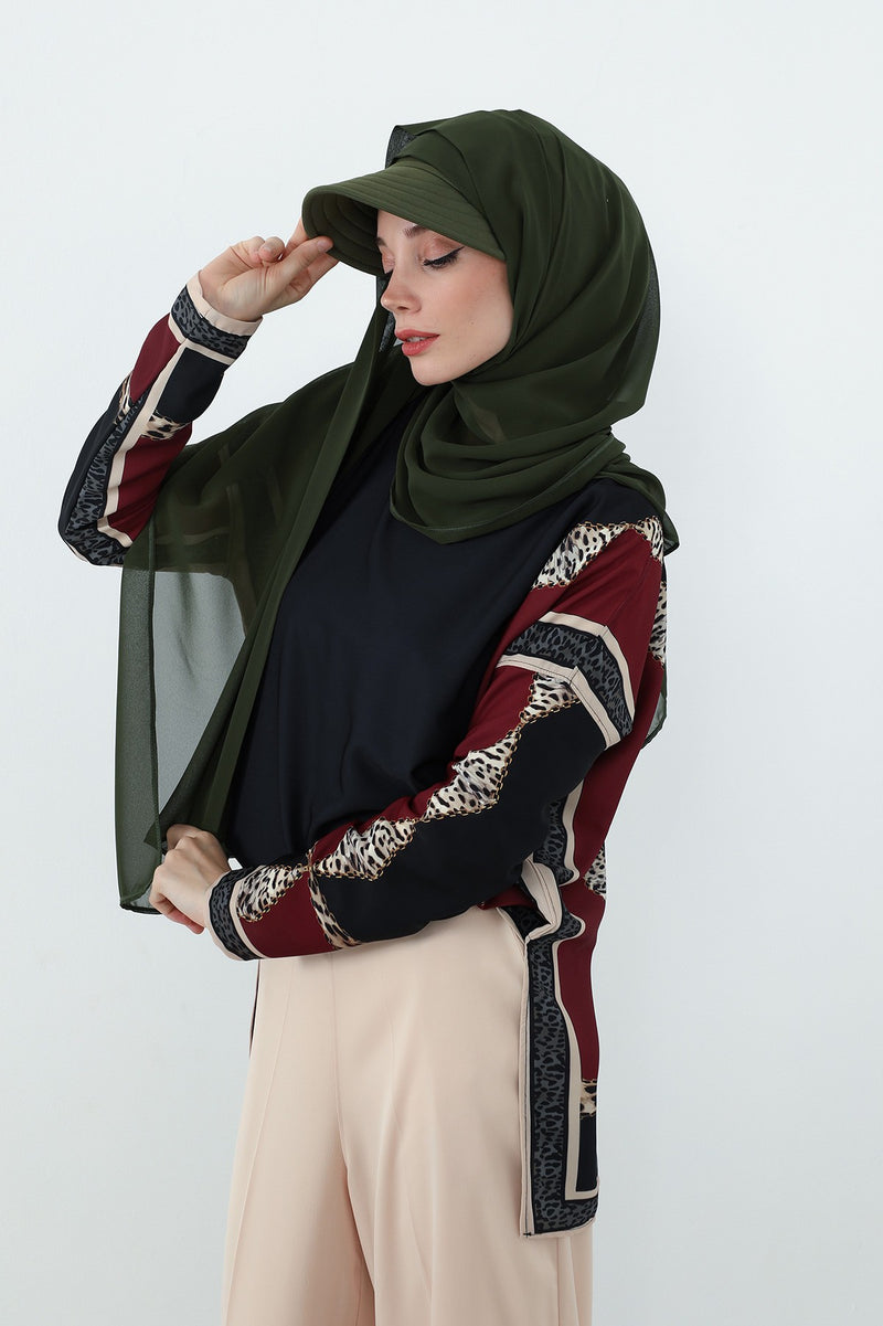 Practical Chiffon Hijab with Built-In Bonnet and Visor, Chiffon Scarf with Built-In Bonnet and Cap,SS-3