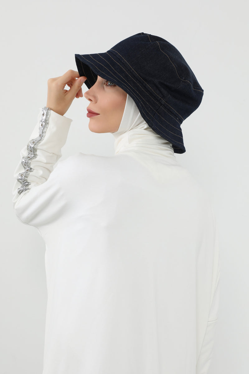 Denim Bucket Hat for Hijab – Modest-Friendly Cotton Bucket Cap,B-100
