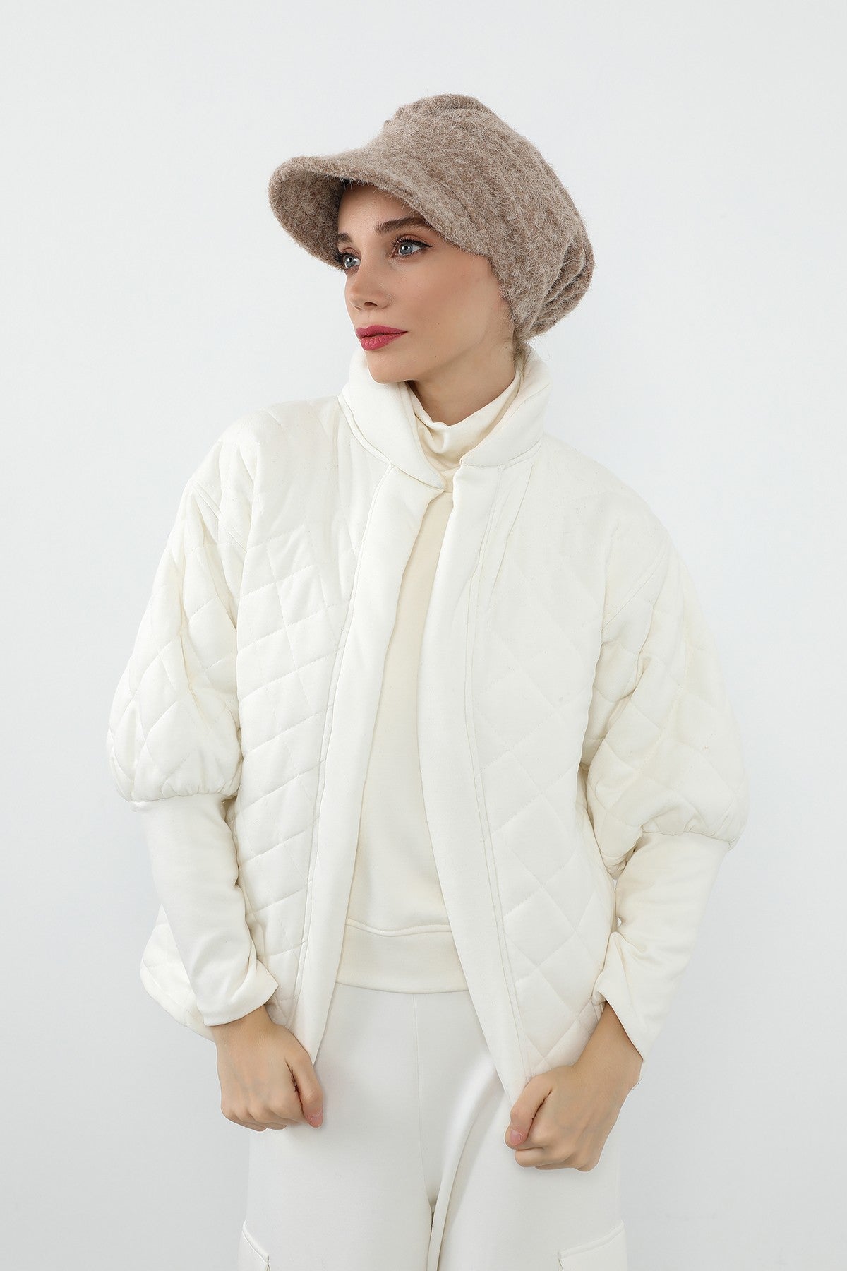 Bouclé Wool Winter Hijab Cap with Visor, Warm Bouclé Wool Hijab Cap with Built-In Visor for Cold Weather,B-73TK Stone