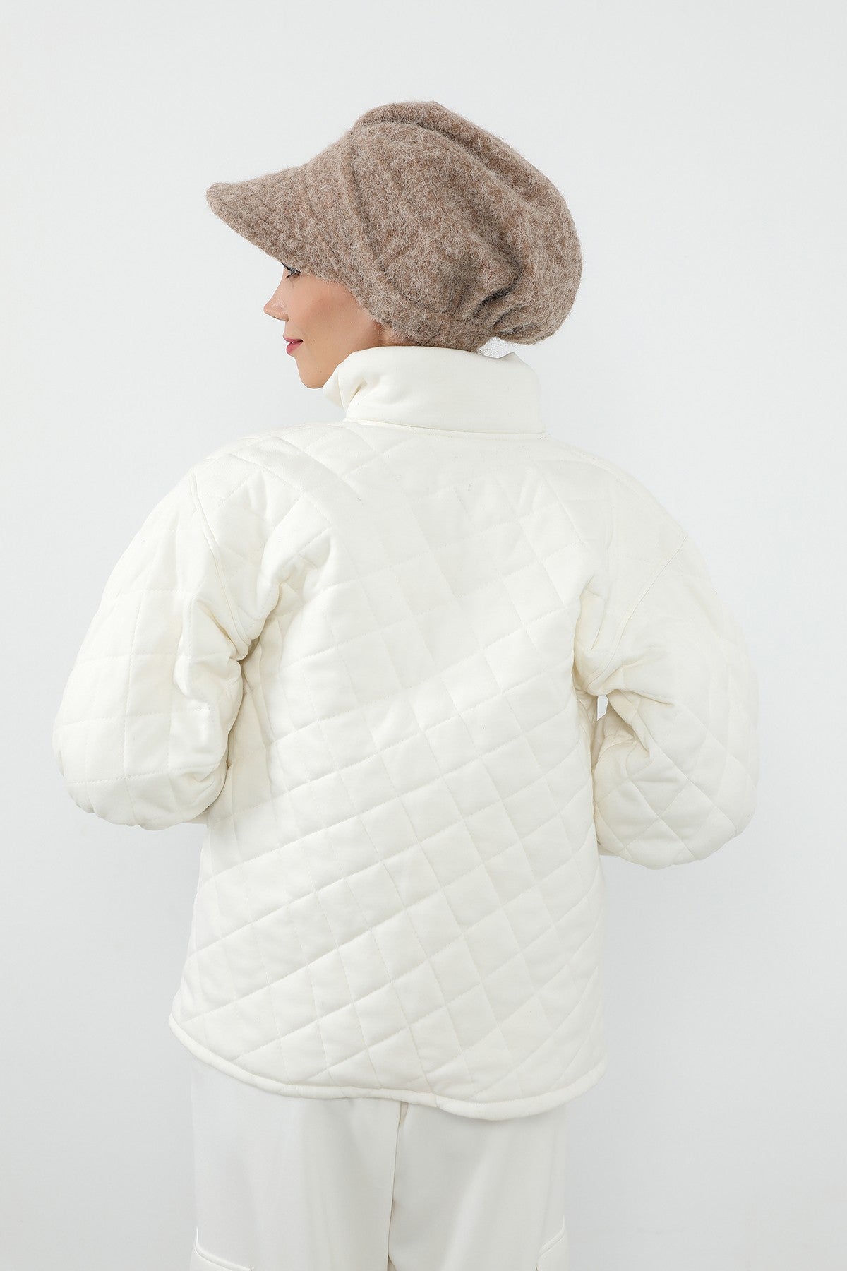 Bouclé Wool Winter Hijab Cap with Visor, Warm Bouclé Wool Hijab Cap with Built-In Visor for Cold Weather,B-73TK Stone
