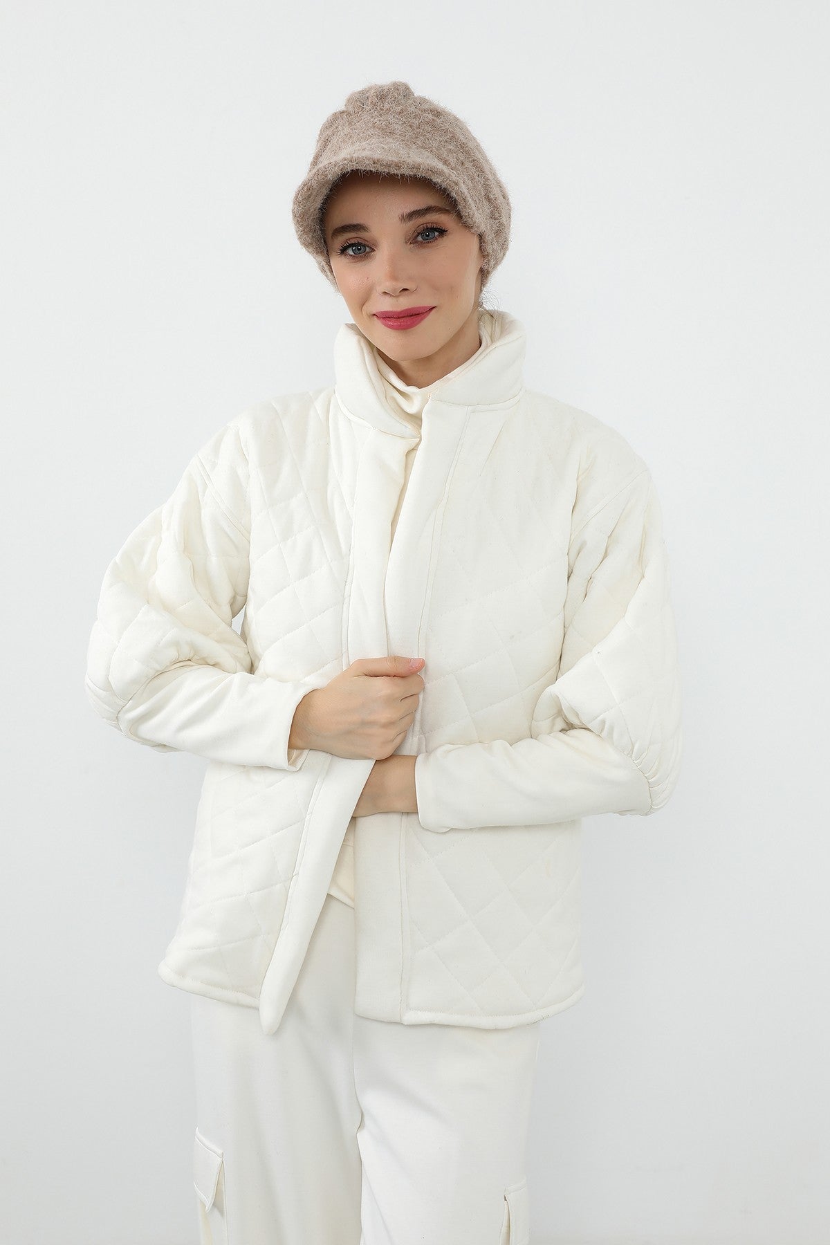 Bouclé Wool Winter Hijab Cap with Visor, Warm Bouclé Wool Hijab Cap with Built-In Visor for Cold Weather,B-73TK Stone
