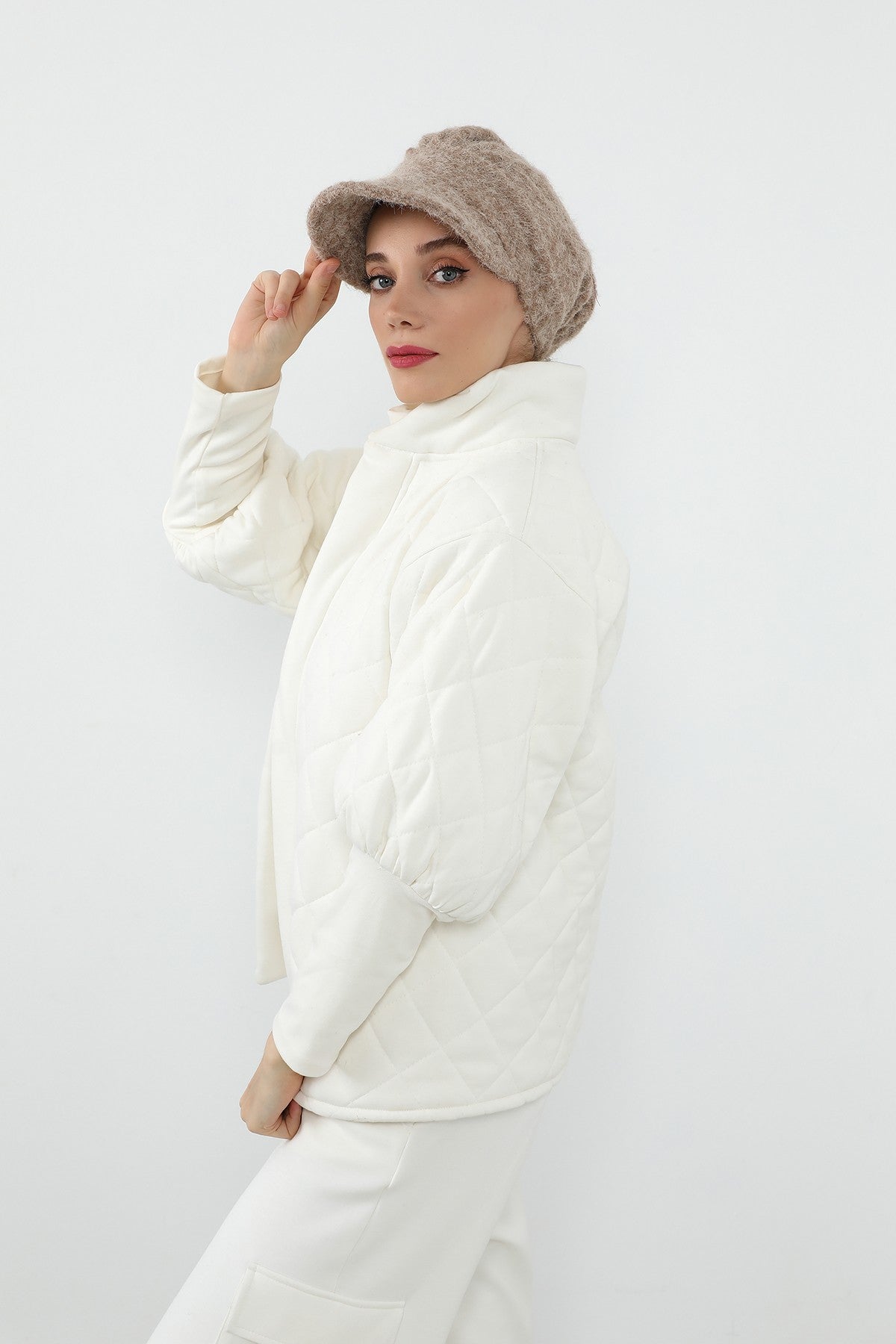 Bouclé Wool Winter Hijab Cap with Visor, Warm Bouclé Wool Hijab Cap with Built-In Visor for Cold Weather,B-73TK Stone