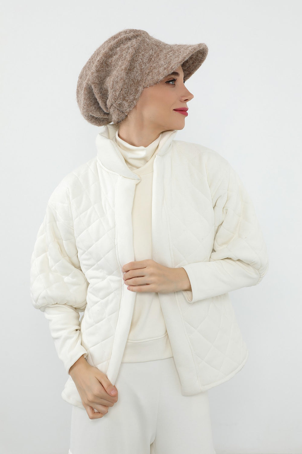 Bouclé Wool Winter Hijab Cap with Visor, Warm Bouclé Wool Hijab Cap with Built-In Visor for Cold Weather,B-73TK Stone