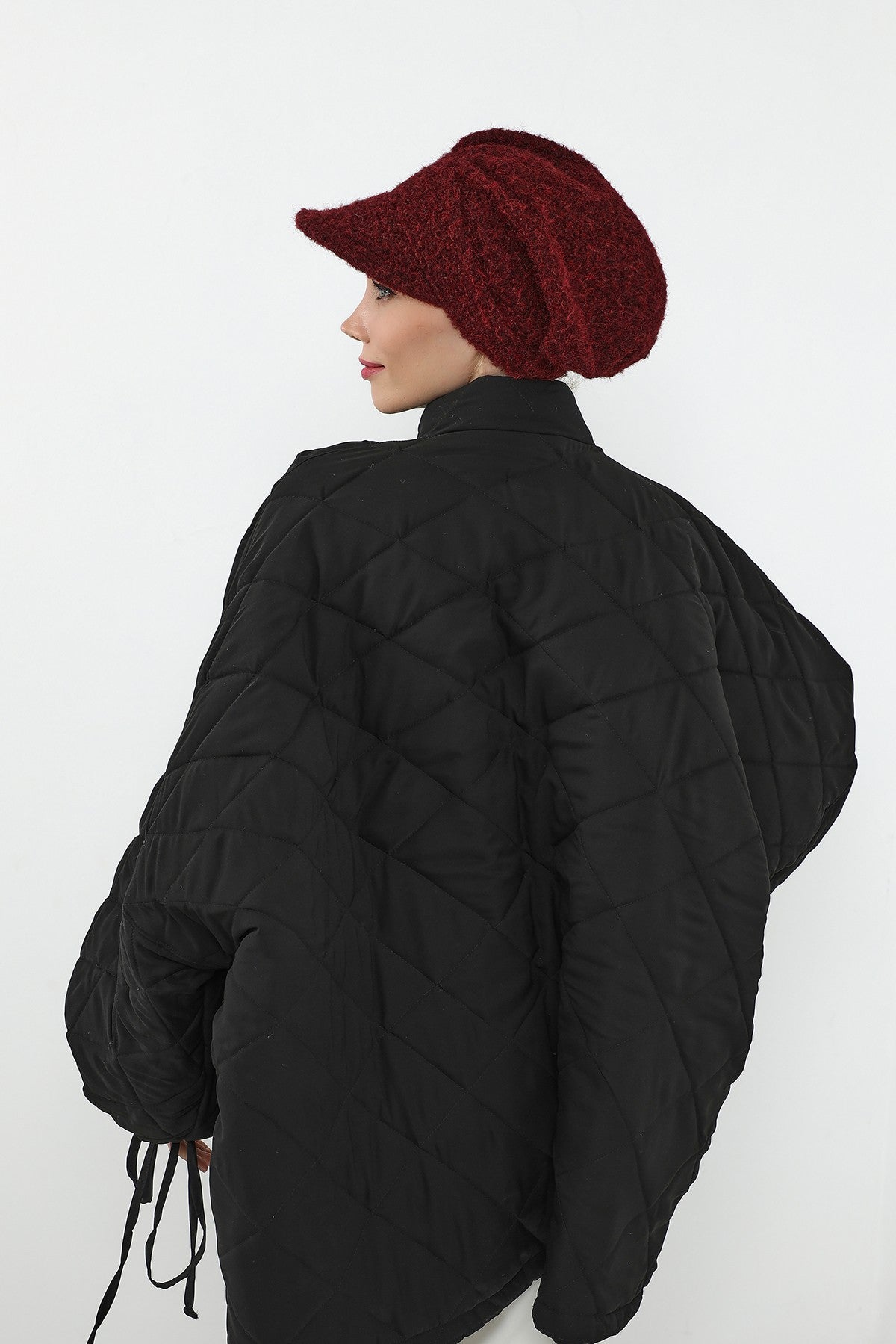 Bouclé Wool Winter Hijab Cap with Visor, Warm Bouclé Wool Hijab Cap with Built-In Visor for Cold Weather,B-73TK Maroon