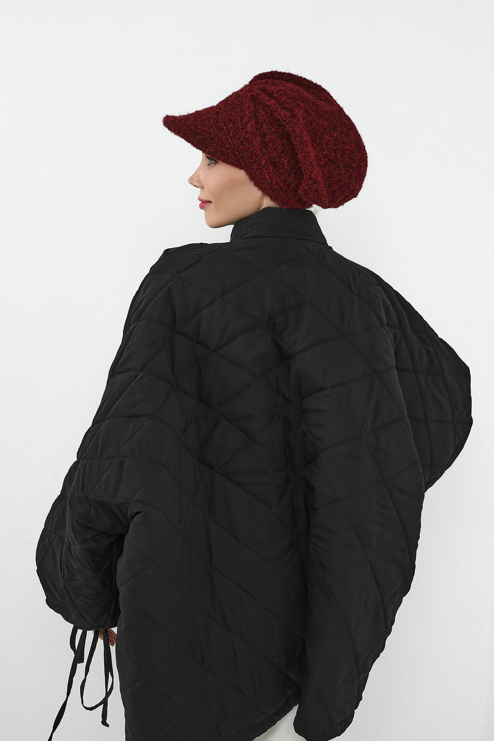Bouclé Wool Winter Hijab Cap with Visor, Warm Bouclé Wool Hijab Cap with Built-In Visor for Cold Weather,B-73TK Maroon