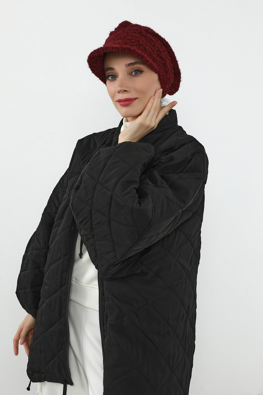 Bouclé Wool Winter Hijab Cap with Visor, Warm Bouclé Wool Hijab Cap with Built-In Visor for Cold Weather,B-73TK Maroon