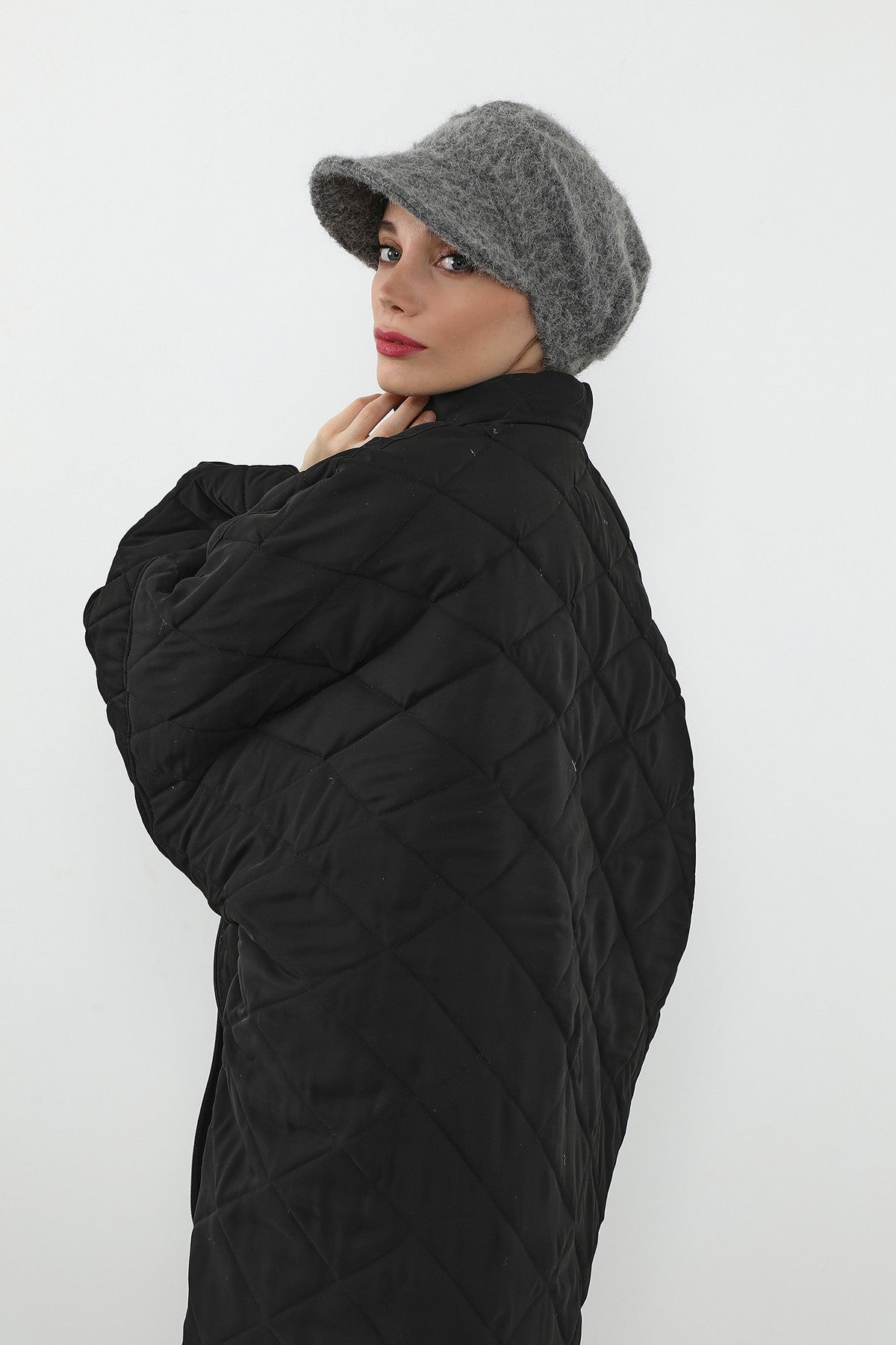 Bouclé Wool Winter Hijab Cap with Visor, Warm Bouclé Wool Hijab Cap with Built-In Visor for Cold Weather,B-73TK Grey