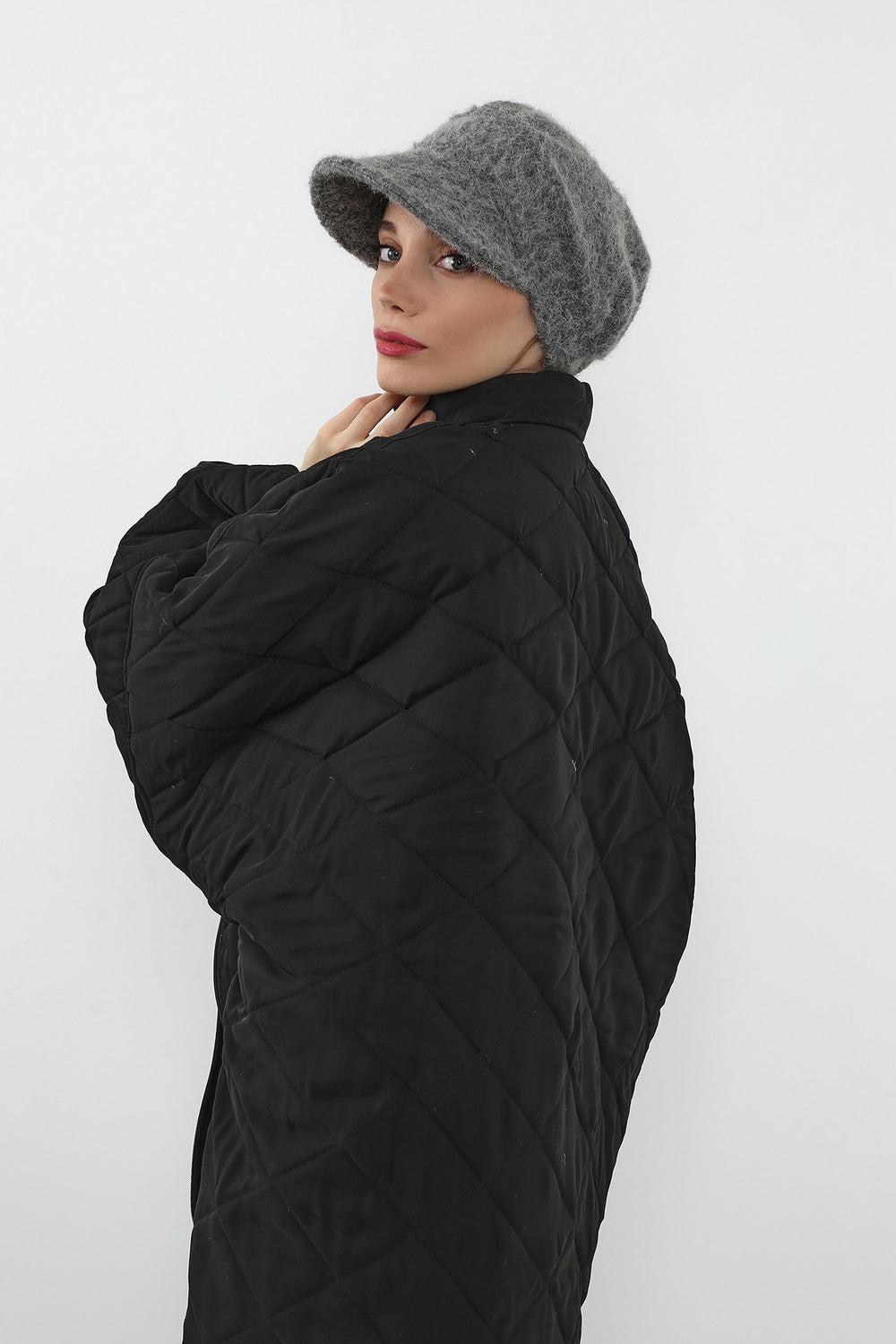 Bouclé Wool Winter Hijab Cap with Visor, Warm Bouclé Wool Hijab Cap with Built-In Visor for Cold Weather,B-73TK Grey