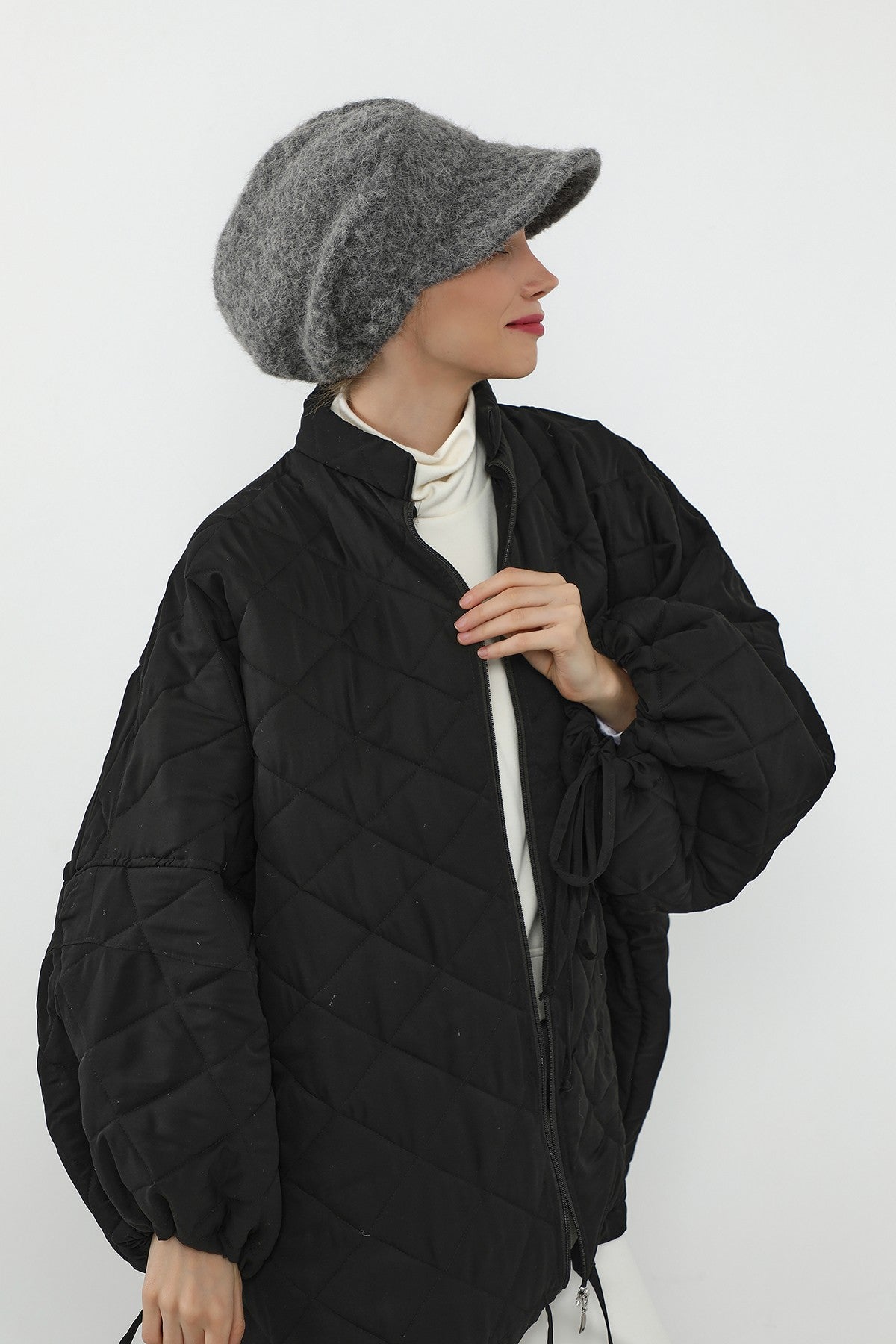 Bouclé Wool Winter Hijab Cap with Visor, Warm Bouclé Wool Hijab Cap with Built-In Visor for Cold Weather,B-73TK Grey