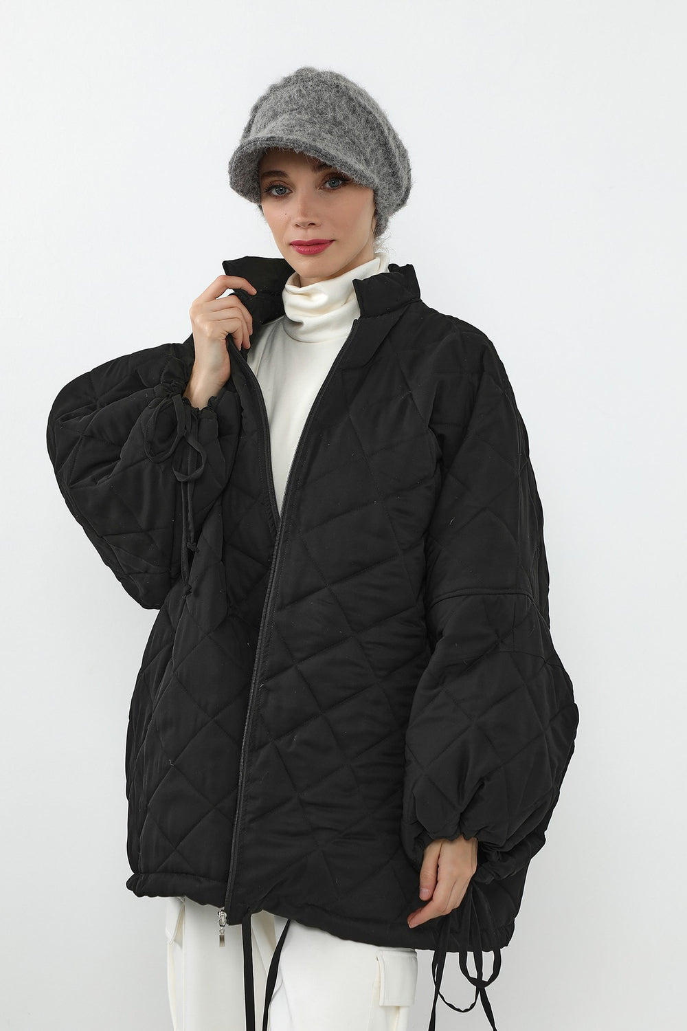 Bouclé Wool Winter Hijab Cap with Visor, Warm Bouclé Wool Hijab Cap with Built-In Visor for Cold Weather,B-73TK Grey