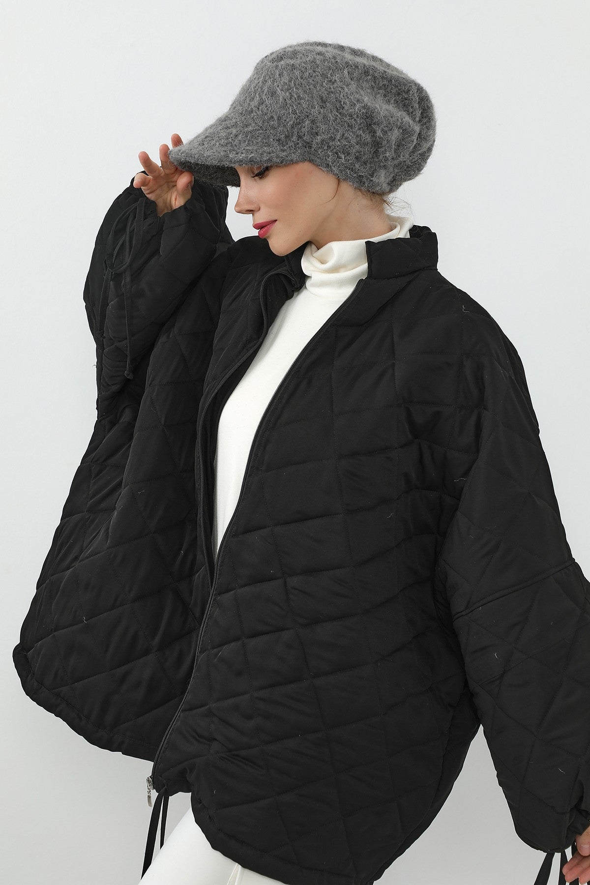 Bouclé Wool Winter Hijab Cap with Visor, Warm Bouclé Wool Hijab Cap with Built-In Visor for Cold Weather,B-73TK Grey