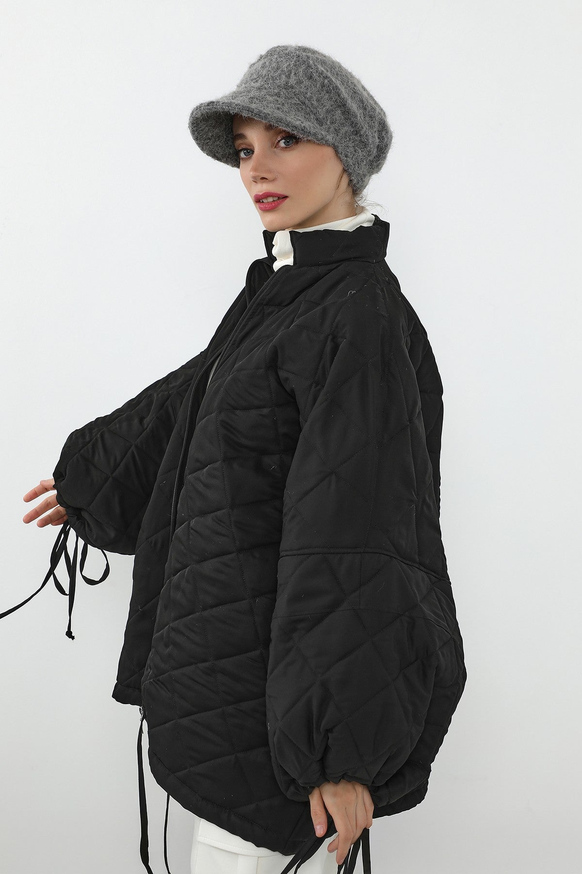 Bouclé Wool Winter Hijab Cap with Visor, Warm Bouclé Wool Hijab Cap with Built-In Visor for Cold Weather,B-73TK Grey