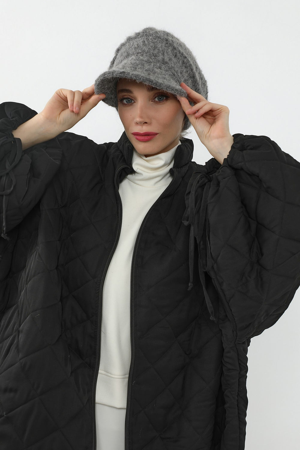 Bouclé Wool Winter Hijab Cap with Visor, Warm Bouclé Wool Hijab Cap with Built-In Visor for Cold Weather,B-73TK Grey