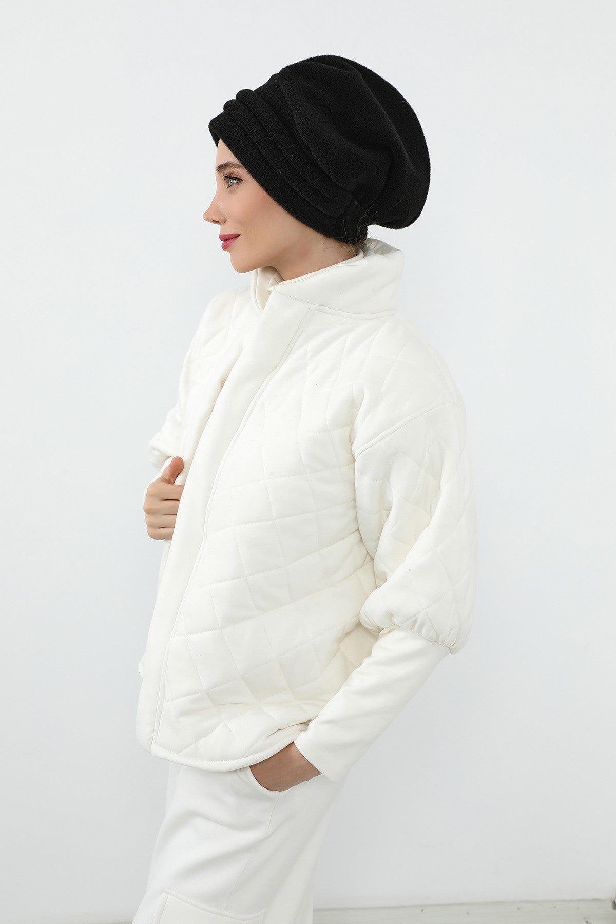 Pleated Winter Felted Wool Turban Hat for Women, Modest-Friendly, Warm & Elegant Winter Turban Bonnet,B-98DK Black