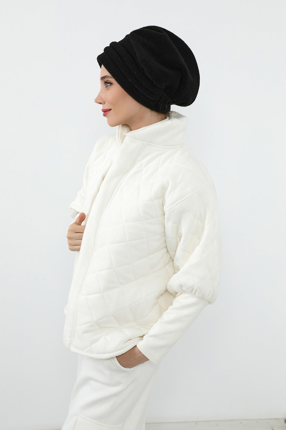 Pleated Winter Felted Wool Turban Hat for Women, Modest-Friendly, Warm & Elegant Winter Turban Bonnet,B-98DK Black