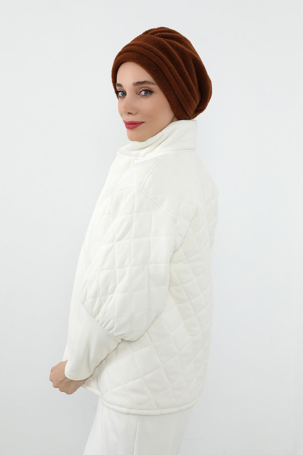 Pleated Winter Felted Wool Turban Hat for Women, Modest-Friendly, Warm & Elegant Winter Turban Bonnet,B-98DK Brown