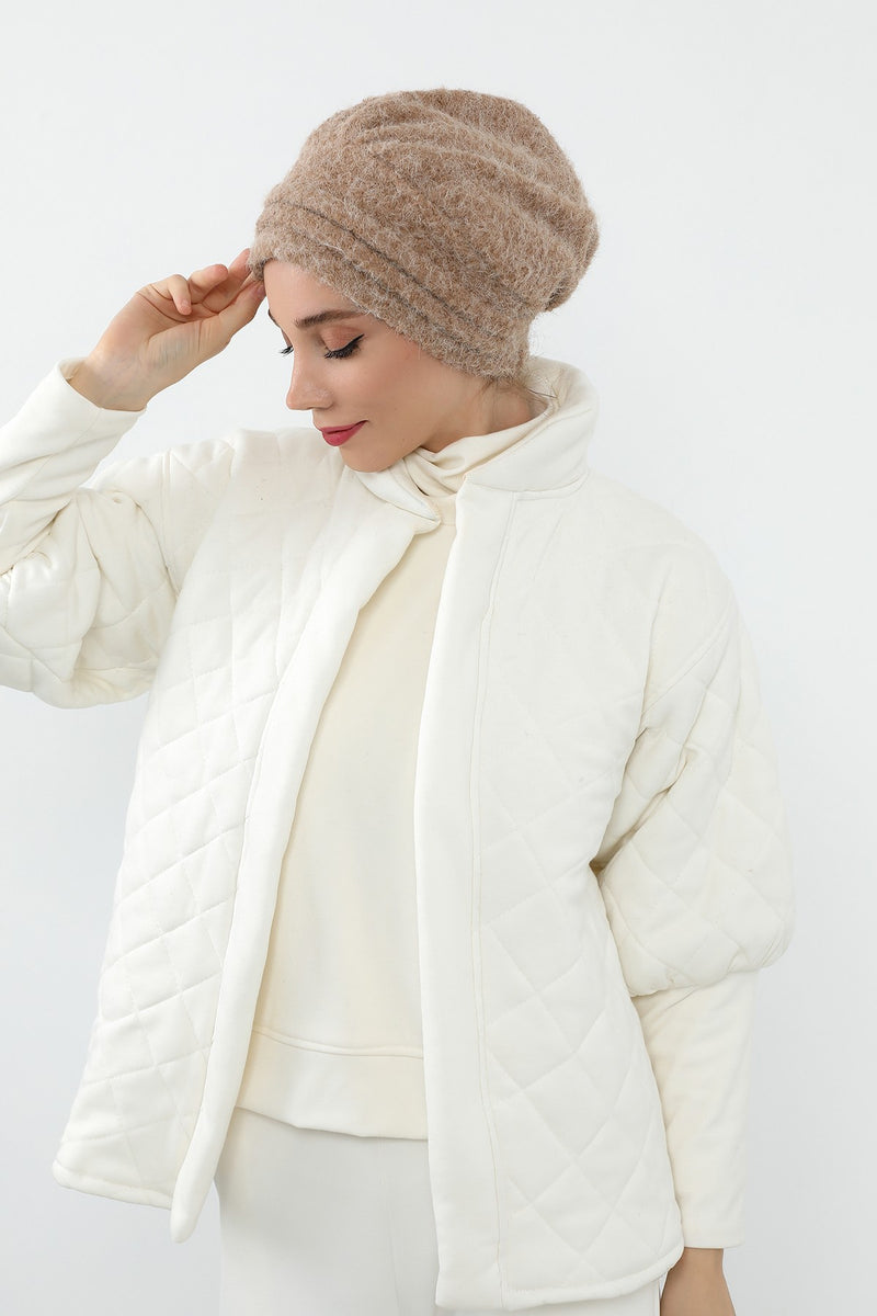 Pleated Bouclé Wool Winter Hijab Cap, Soft Textured Modest Women’s Beanie,B-98TK