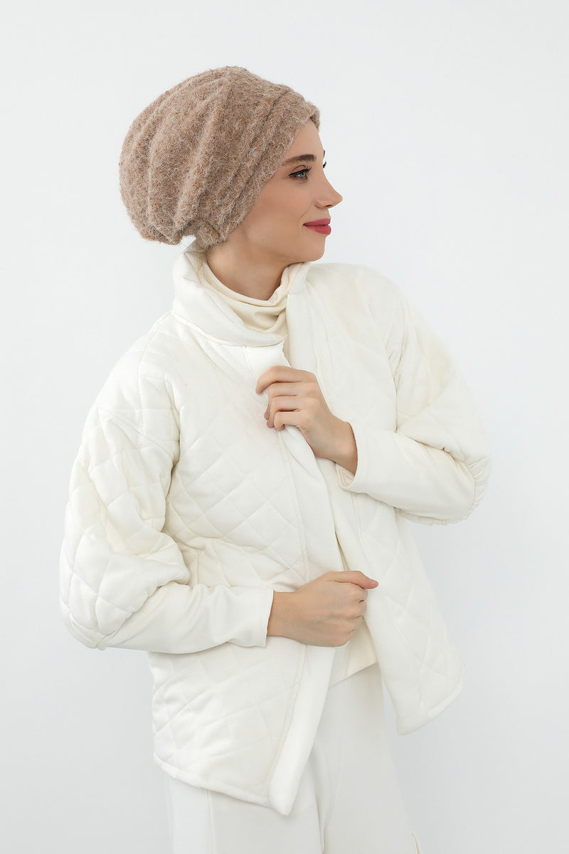 Pleated Bouclé Wool Winter Hijab Cap, Soft Textured Modest Women’s Beanie,B-98TK