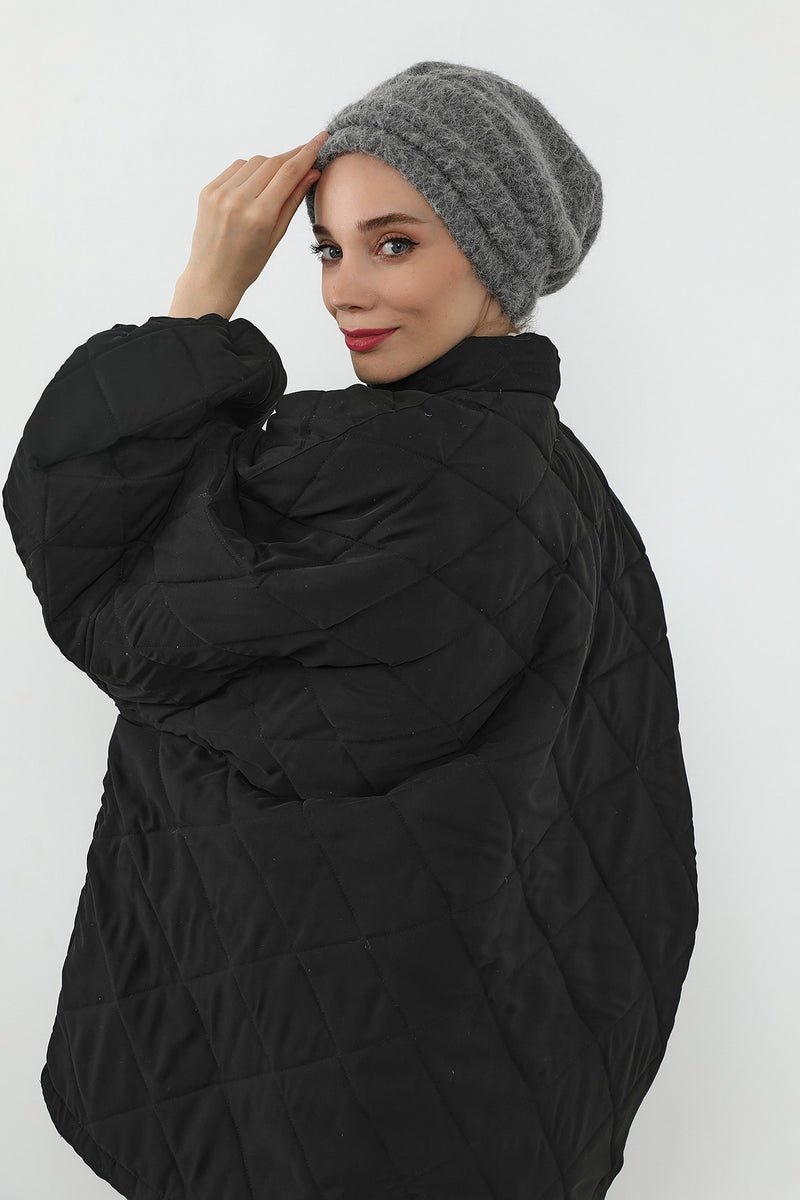 Pleated Bouclé Wool Winter Hijab Cap, Soft Textured Modest Women’s Beanie,B-98TK