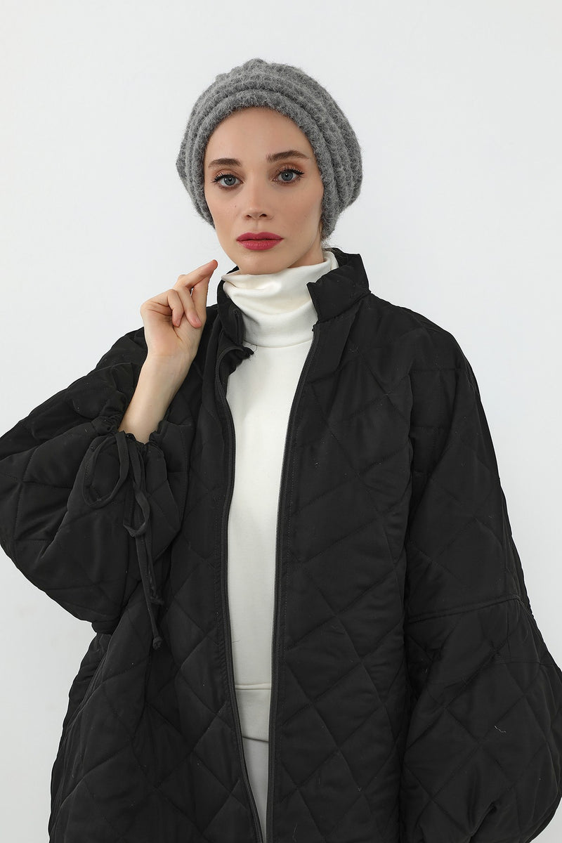 Pleated Bouclé Wool Winter Hijab Cap, Soft Textured Modest Women’s Beanie,B-98TK