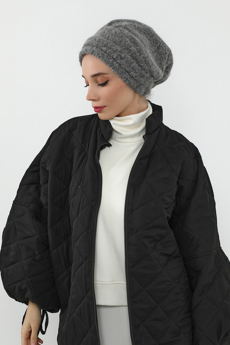 Pleated Bouclé Wool Winter Hijab Cap, Soft Textured Modest Women’s Beanie,B-98TK