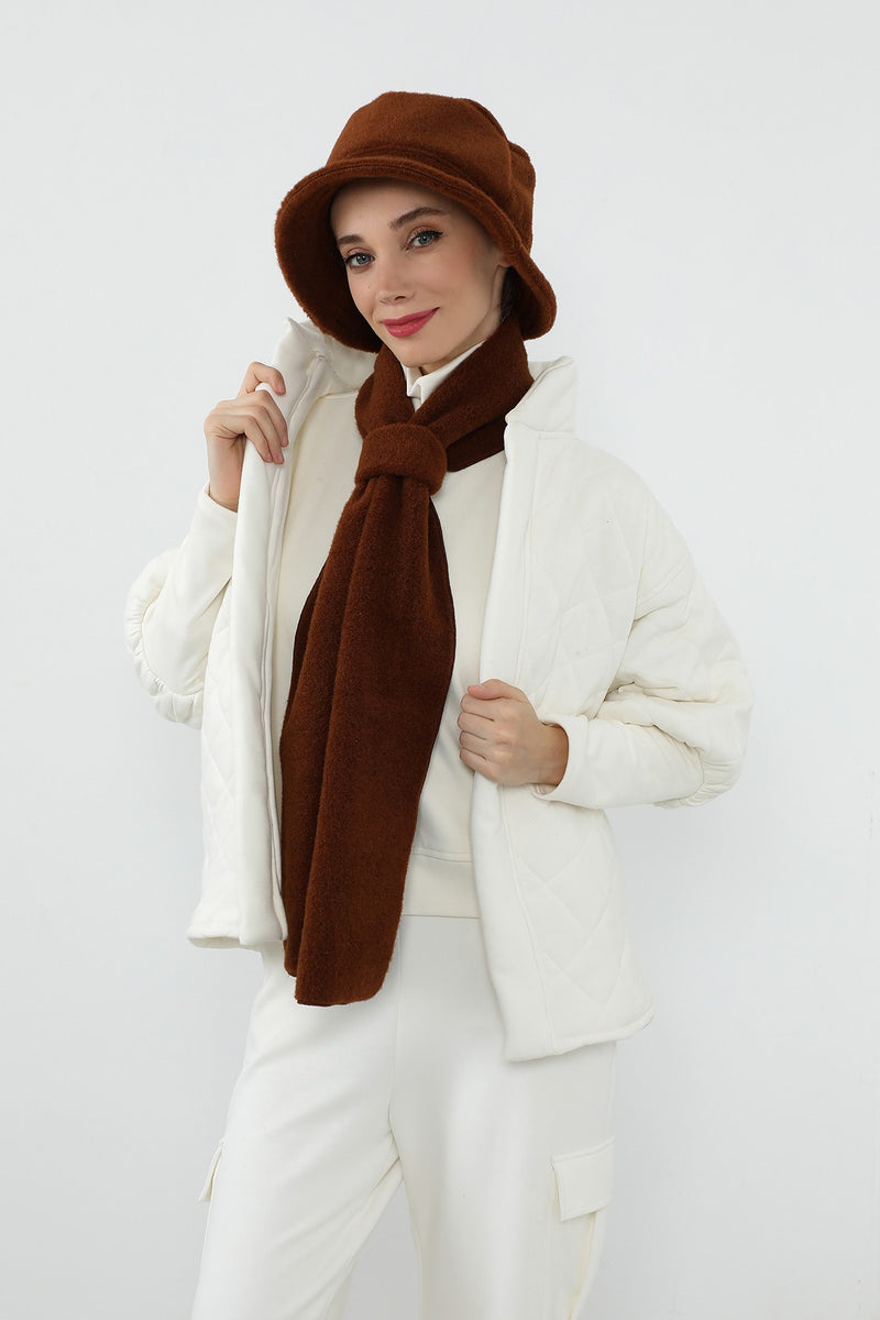 Women’s Winter Hat and Scarf Set, Soft Felted Wool Bucket Hat + Long Scarf,BAT-1DK