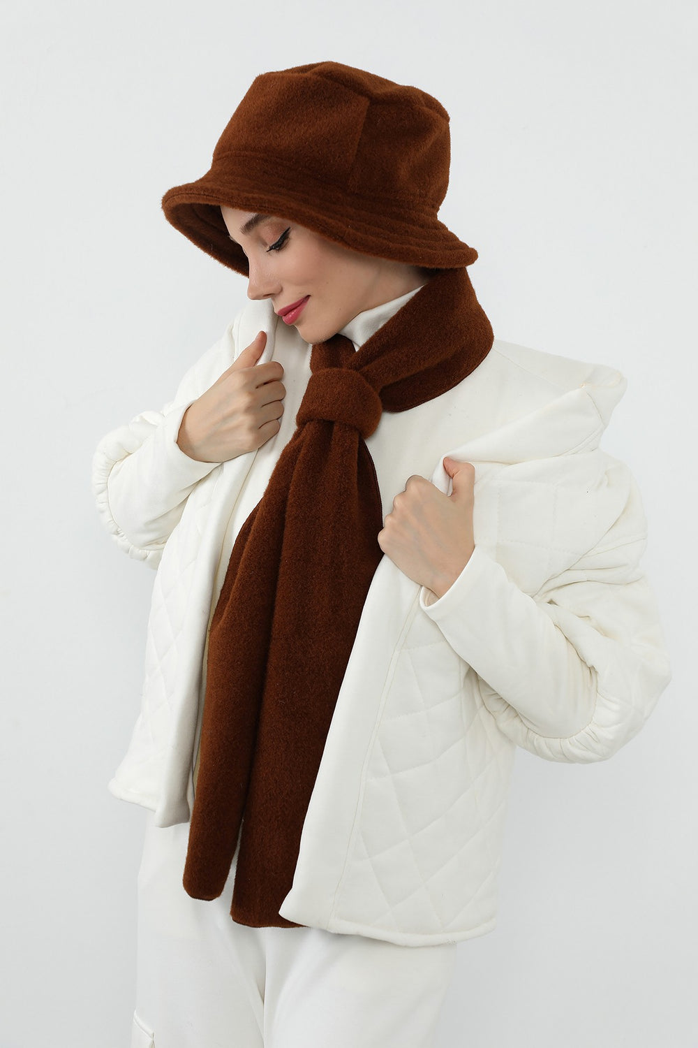 Women’s Winter Hat and Scarf Set, Soft Felted Wool Bucket Hat + Long Scarf,BAT-1DK Brown