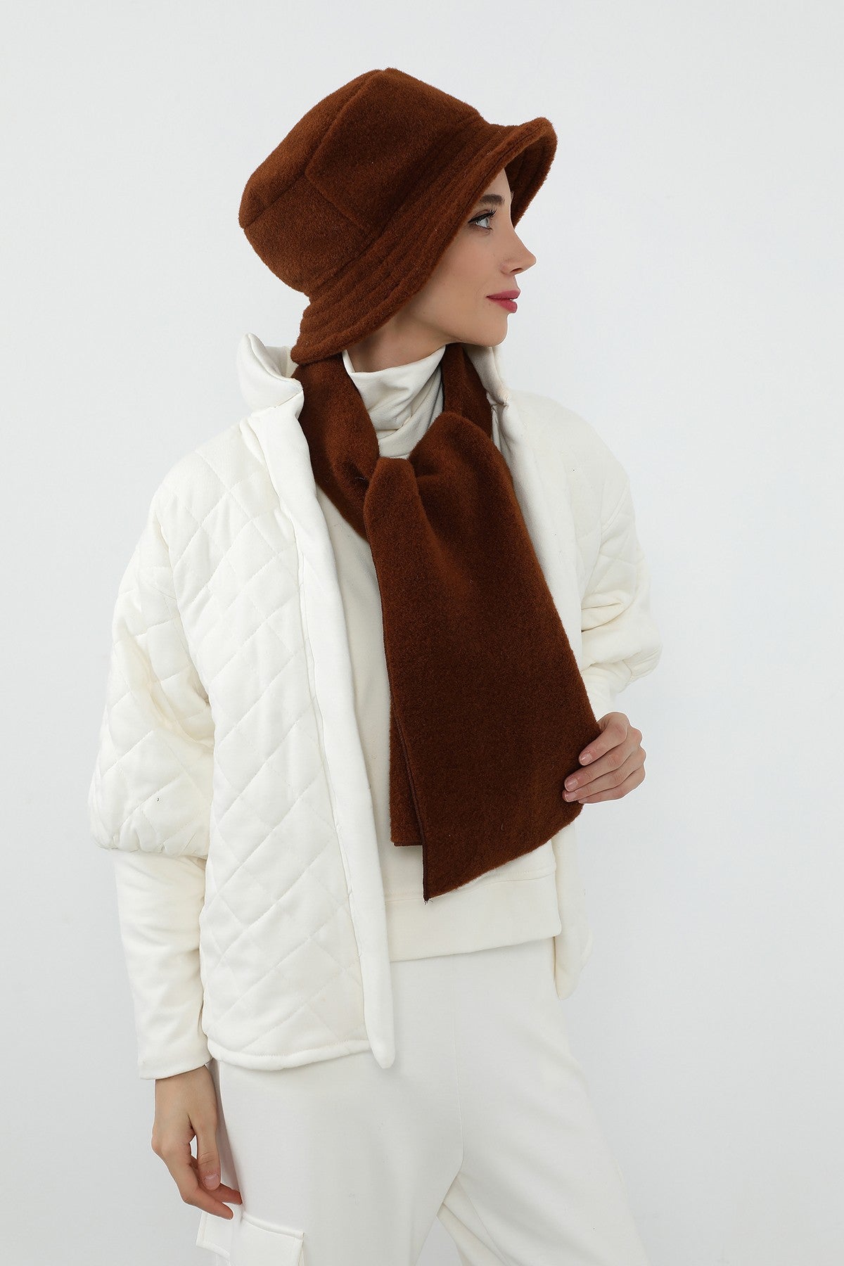 Women’s Winter Hat and Scarf Set, Soft Felted Wool Bucket Hat + Long Scarf,BAT-1DK Brown