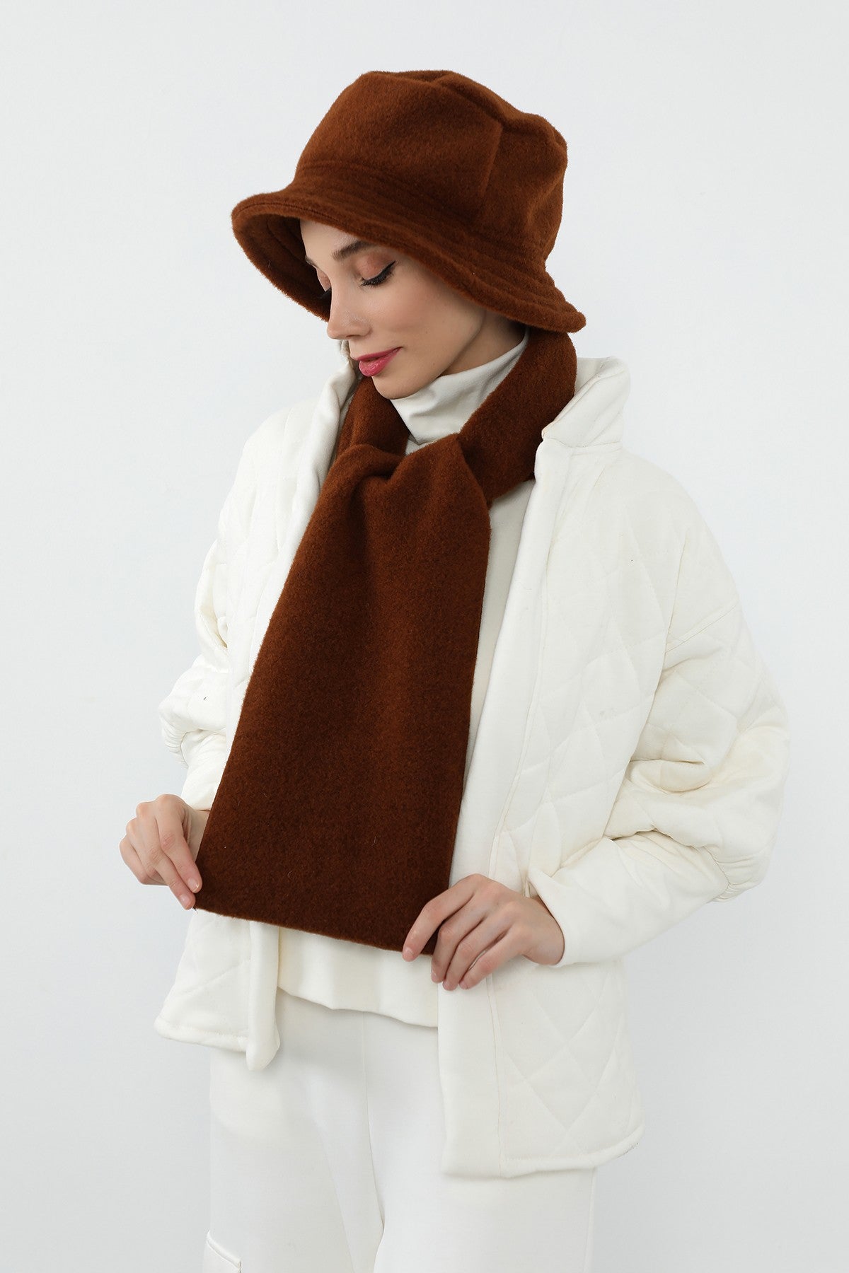 Women’s Winter Hat and Scarf Set, Soft Felted Wool Bucket Hat + Long Scarf,BAT-1DK Brown